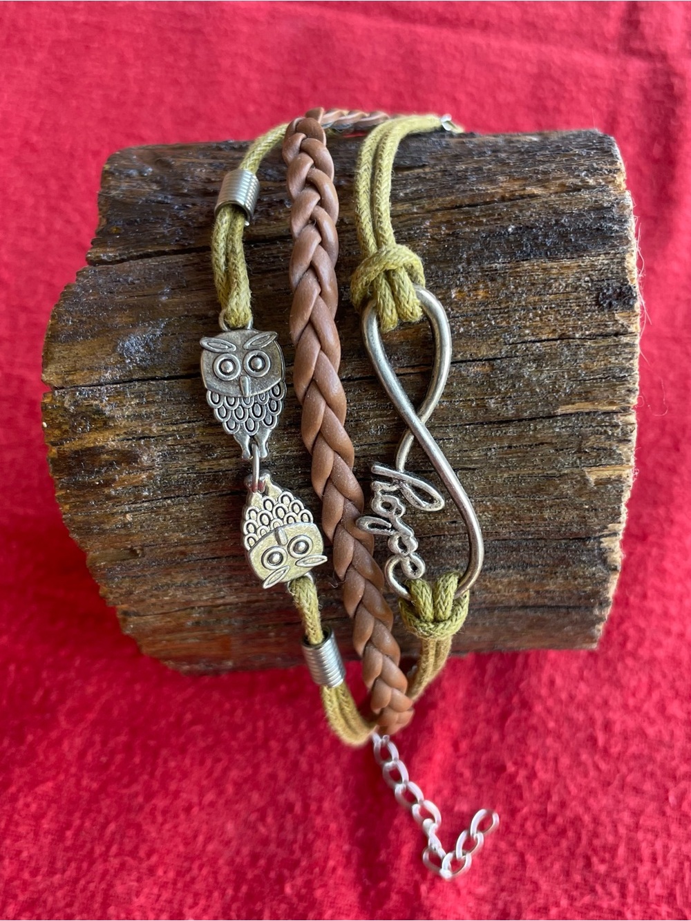 Olive Green and Brown Layered Owl Charm Bracelet